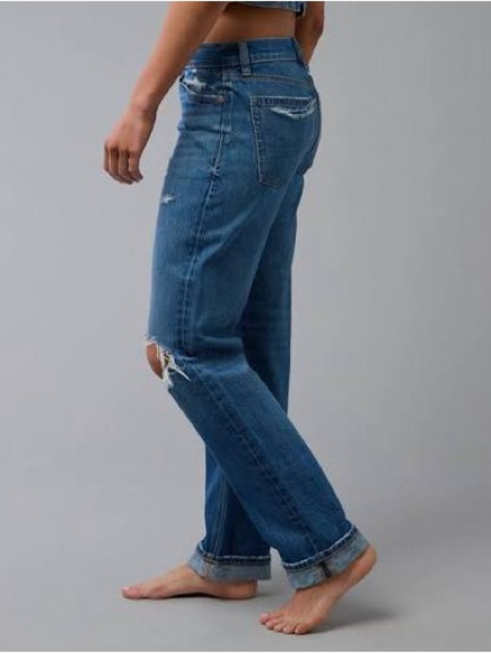 SIZE 10 LONG American Eagle Outfitters Blue ex-Boyfriend Jeans with Knee Rip